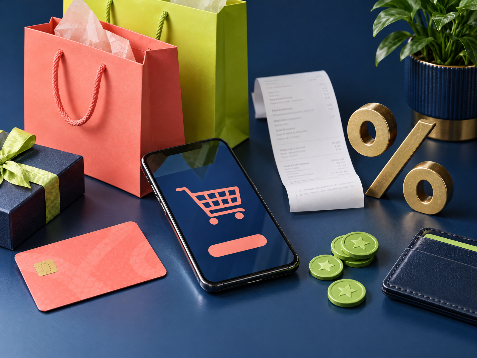 Smartphone and shopping receipts representing online cashback and savings