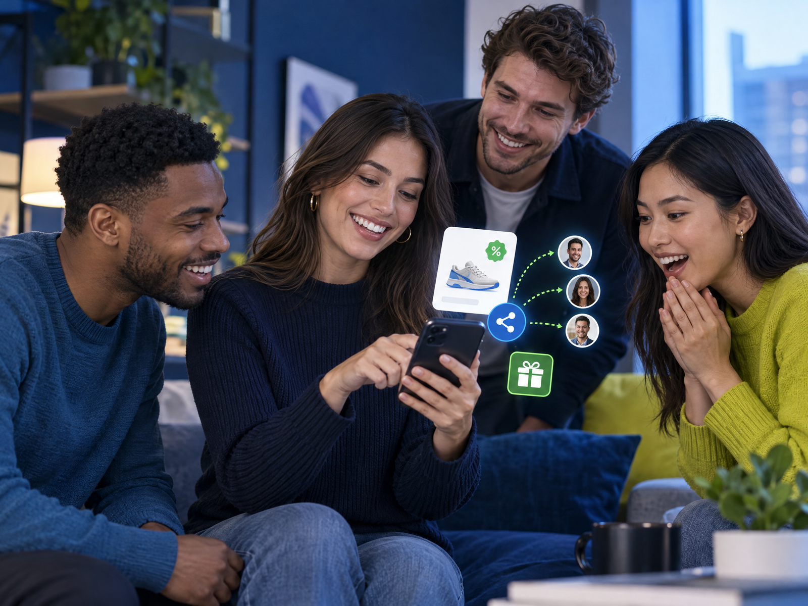 Person sharing an online shopping deal with friends using a smartphone